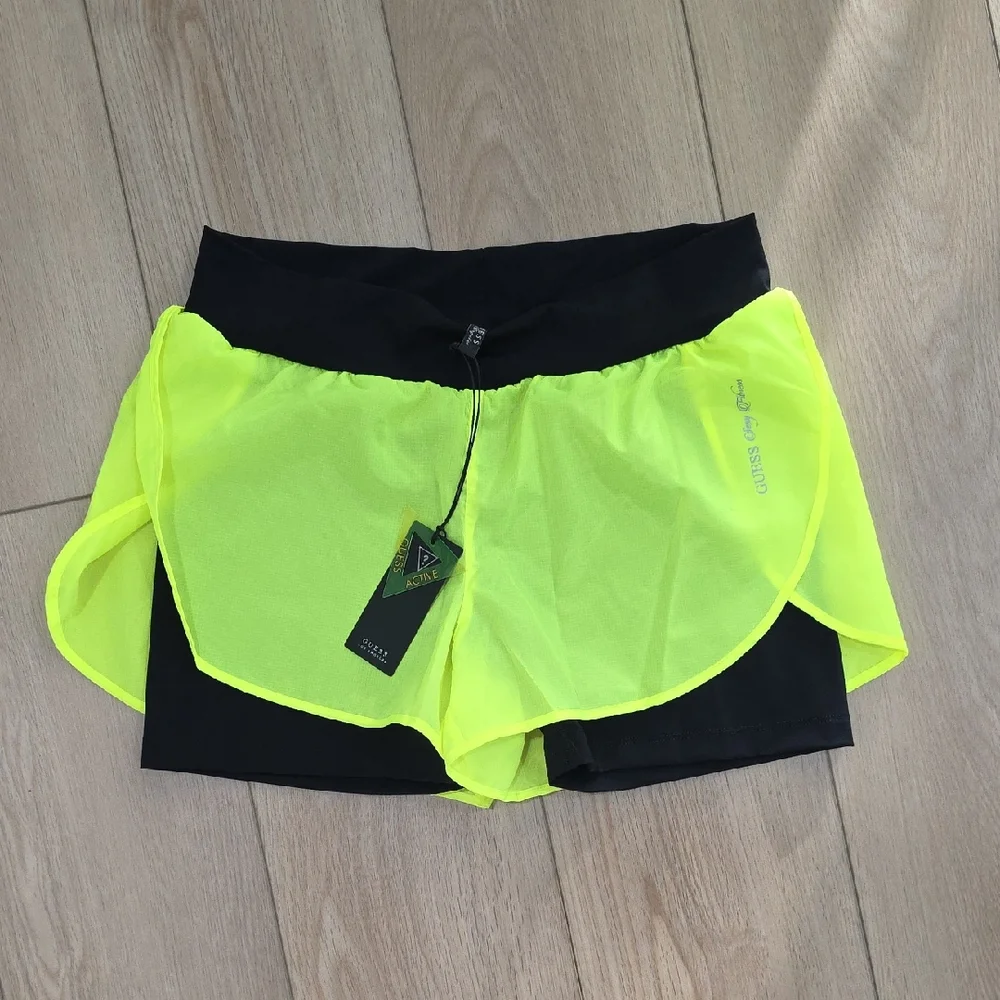 GUESS Black and Neon Yellow Athletic Stretchy Shorts